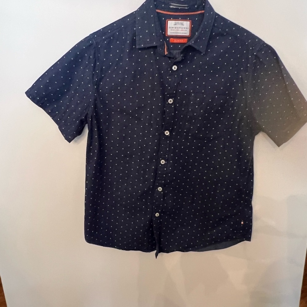 DENIM & FLOWER MEN’S SHORT SLEEVE SHIRT. SIZE LARGE SLIM FIT BLUE W/WHITE DOTS - Picture 4 of 8